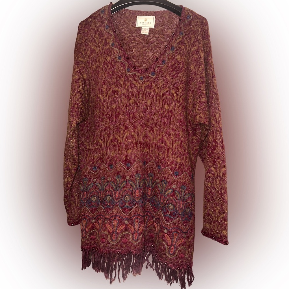 Express Tricot VTG Maroon Tapestry Fringe Sweater Women’s  Mohair Wool LARGE